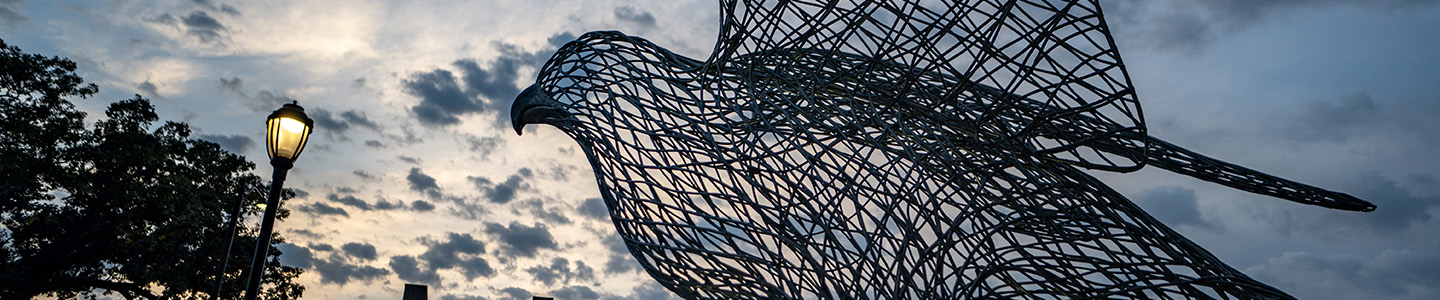 The falcon statue outside of Rodli Hall
